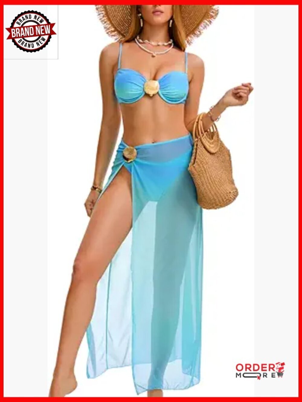 3 Piece Bikini Set with Cover-Up Skirt, Ruched High Cut Swimsuit